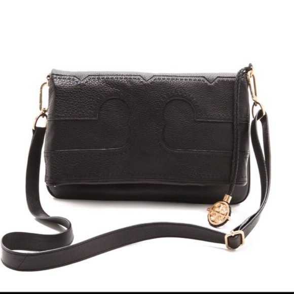 Tory Burch Amalie black fold over messenger black pebbled leather bag - Picture 2 of 16